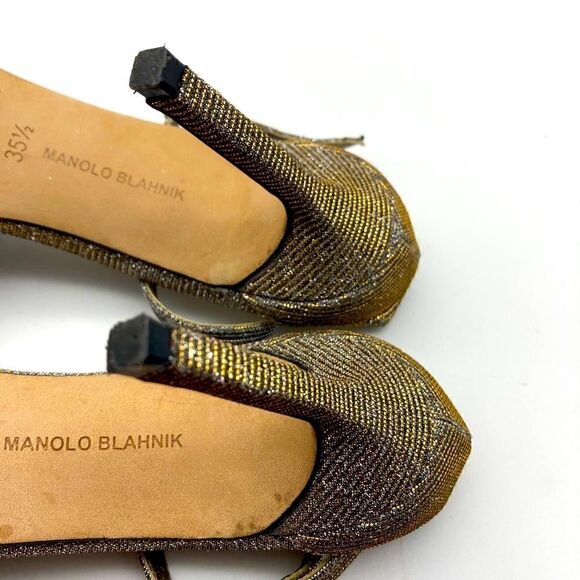 Manolo Blahnik Dixie Metallic T-Strap  Heels Sandals Size 35,5 Made in Italy - Picture 11 of 14